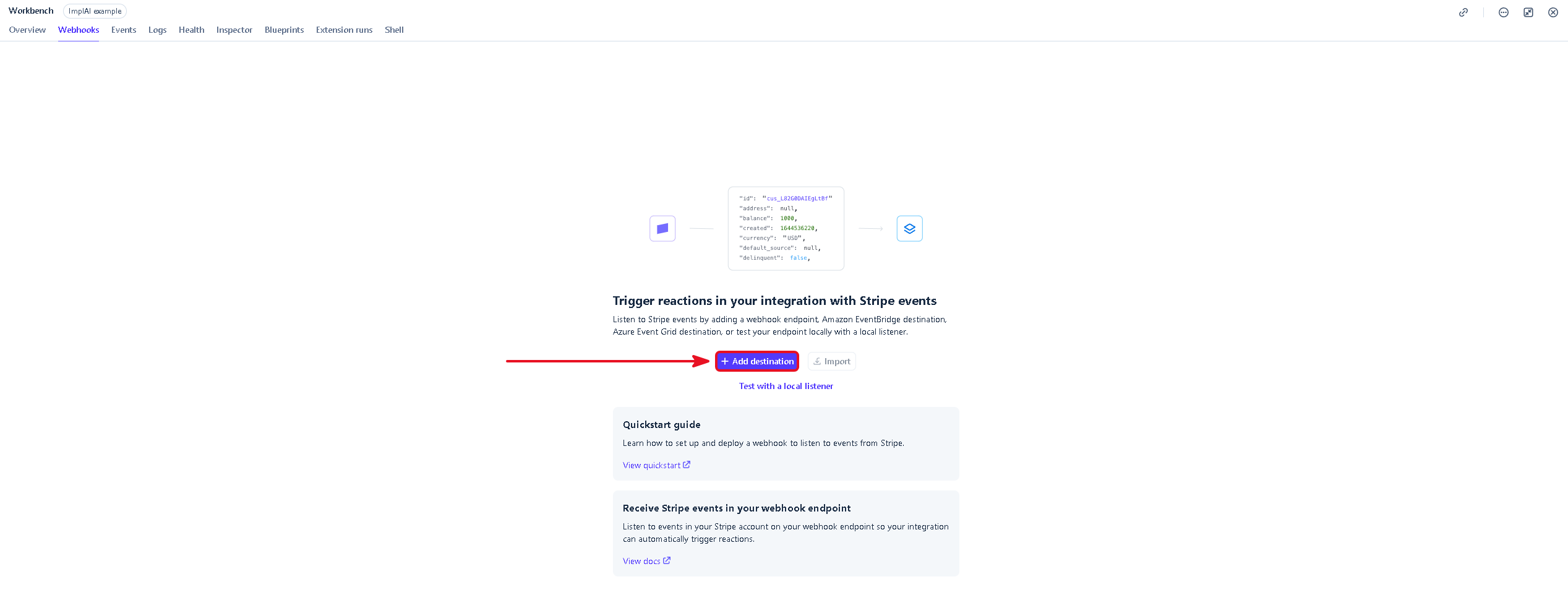 Stripe webhooks page with the Add destination button