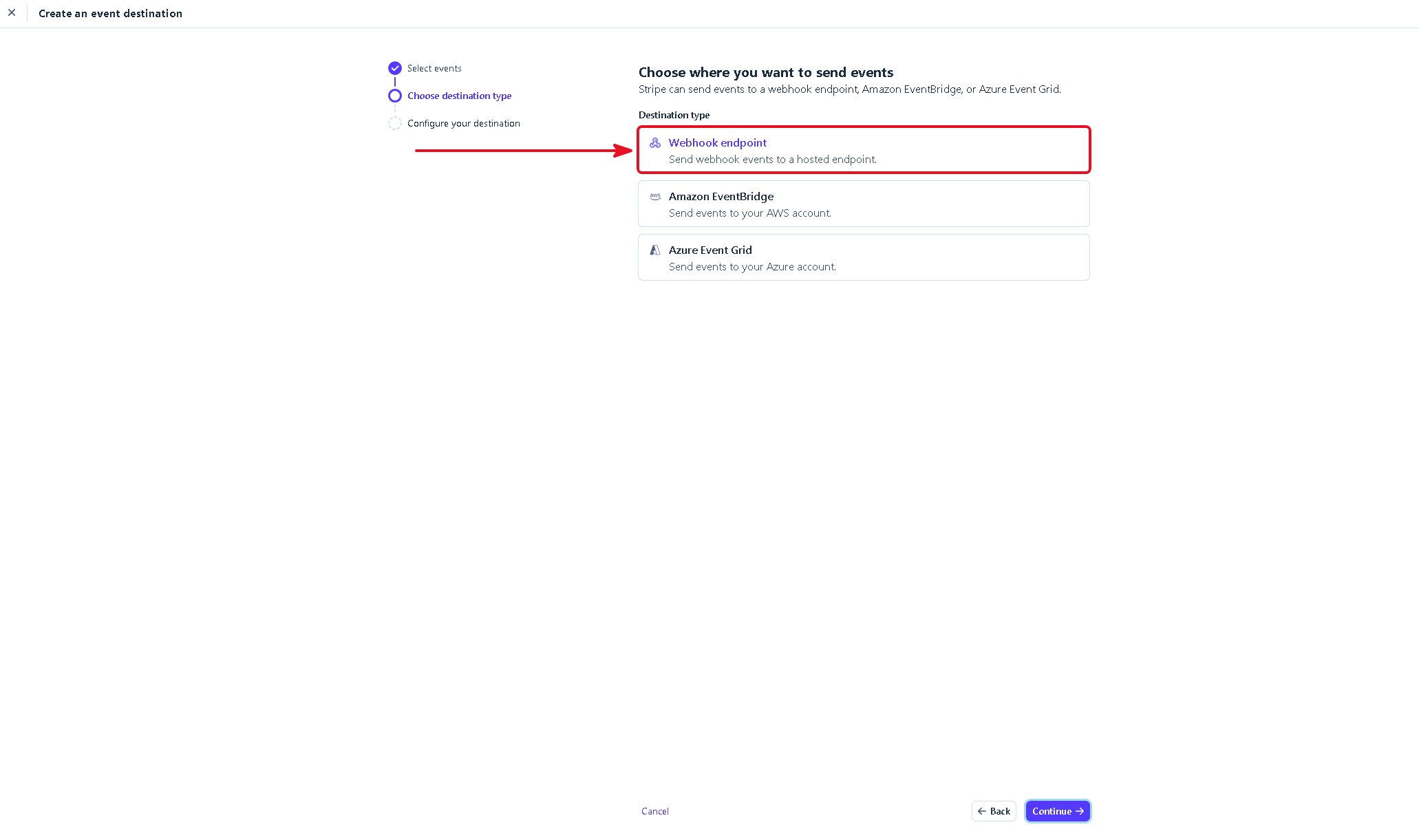 Stripe destination type options with Webhook endpoint selected