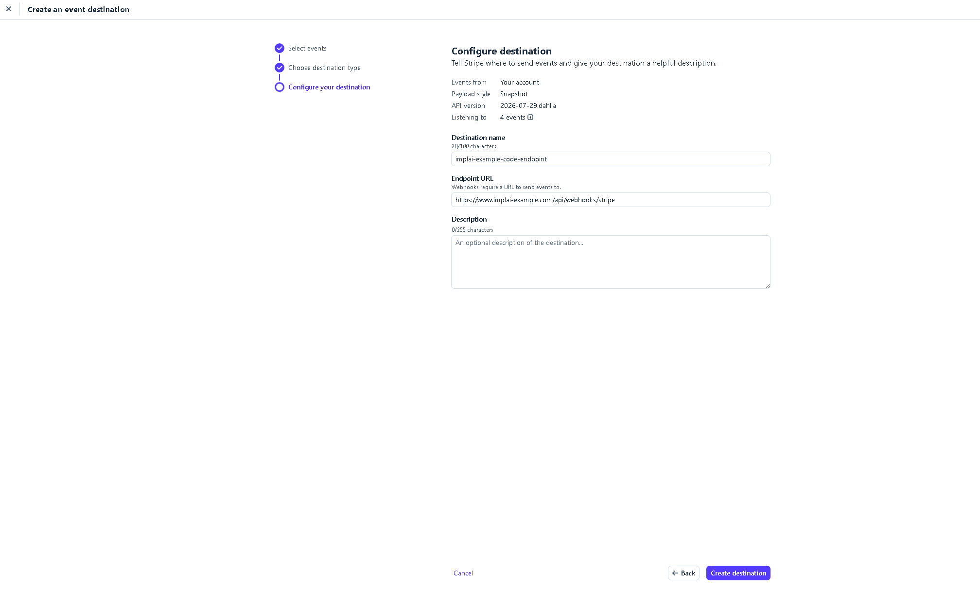 Stripe destination configuration with the name and endpoint URL