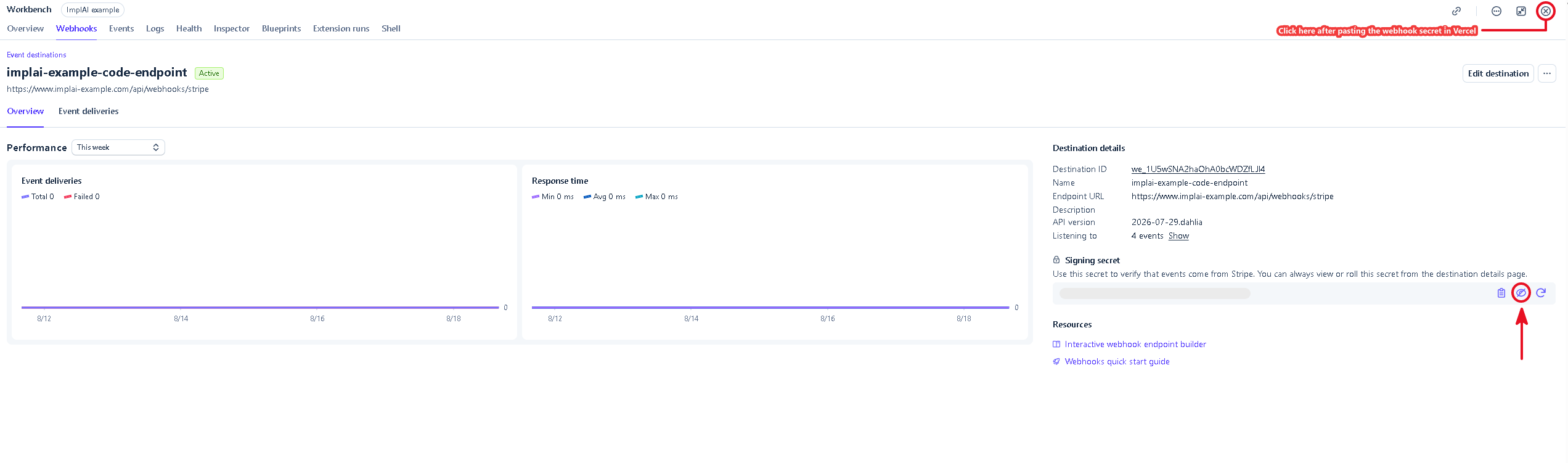 Stripe webhook destination page showing the hidden signing secret