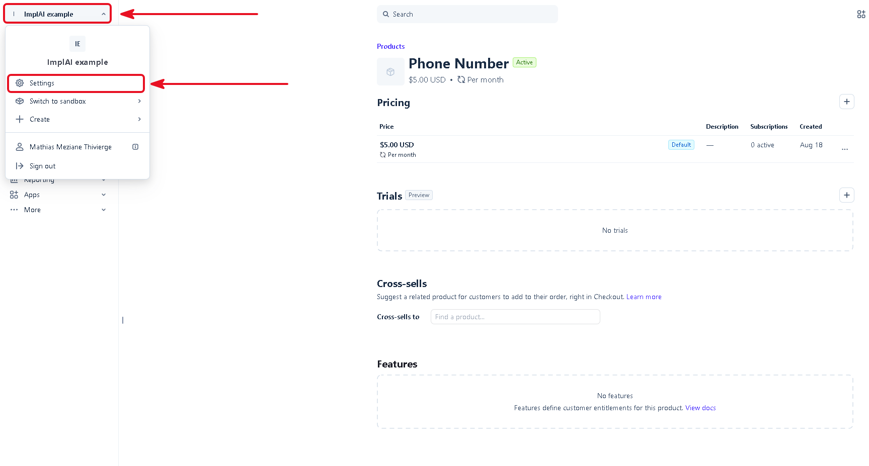 Stripe dashboard with the settings gear icon