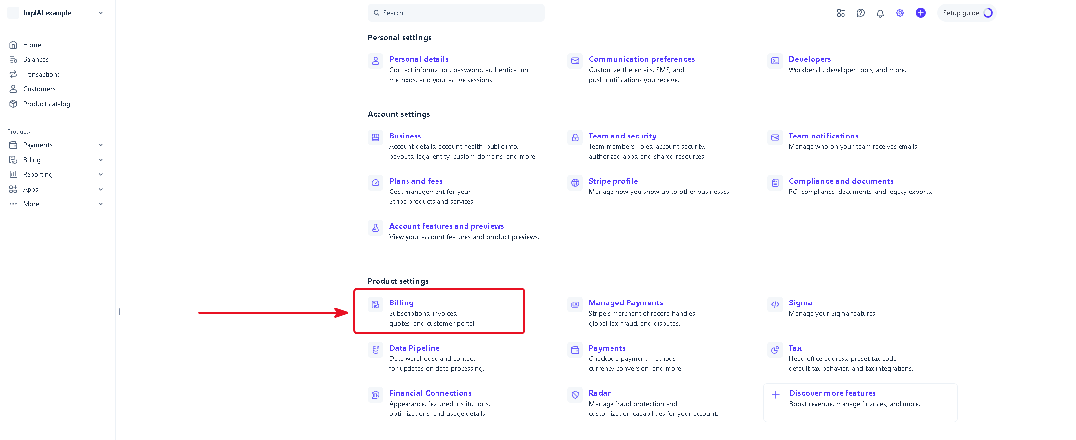 Stripe settings page with the Billing option