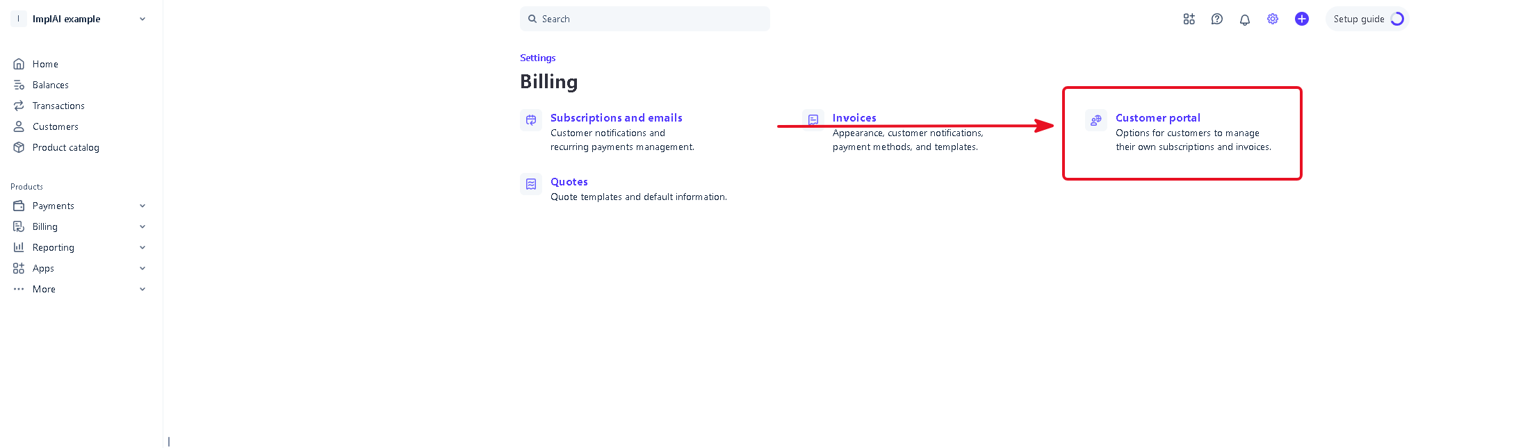 Stripe billing settings with the Customer portal option