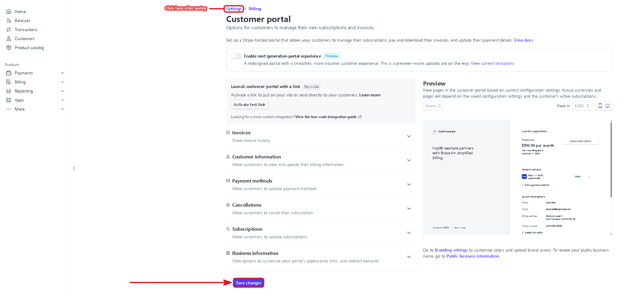 Stripe customer portal settings with the Save changes button and the Settings breadcrumb