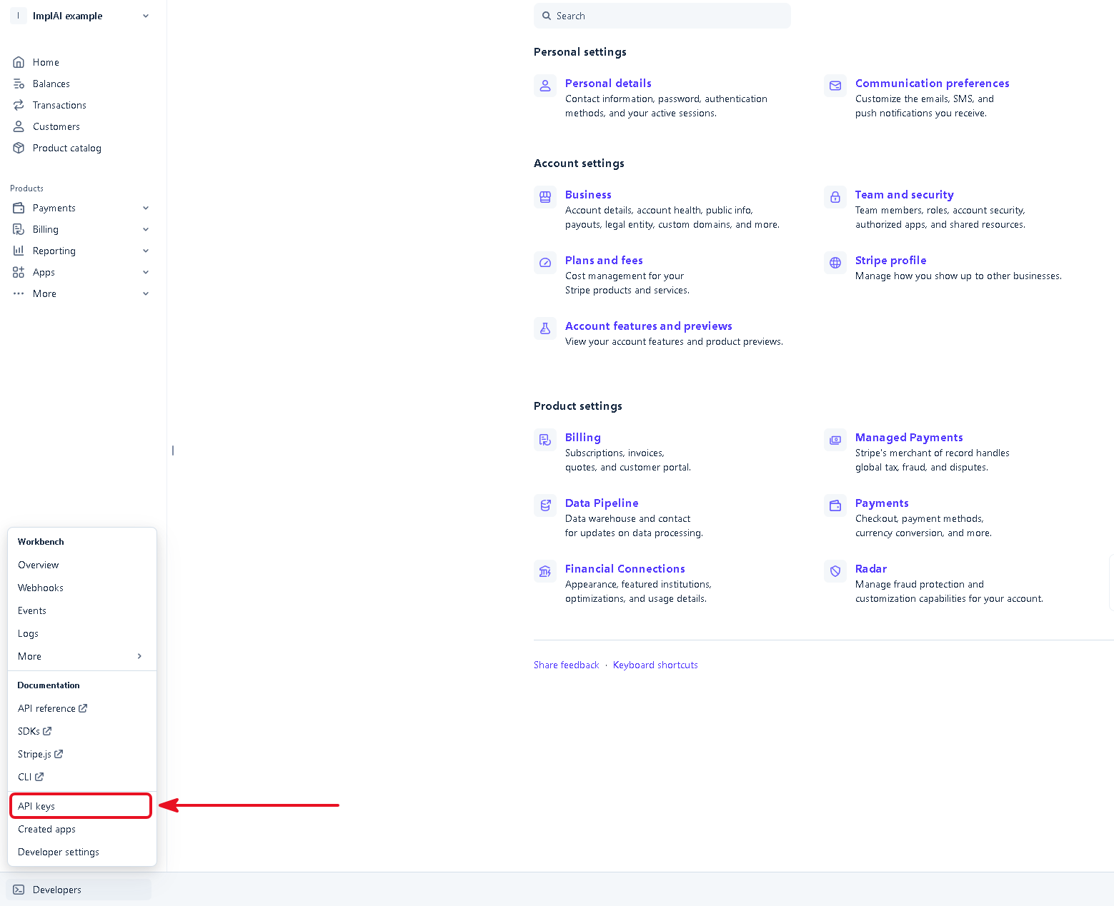 Stripe Developers menu with the API keys option