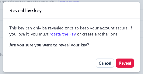 Stripe Reveal live key confirmation dialog