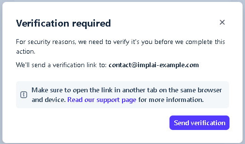 Stripe verification required popup with the Send verification button
