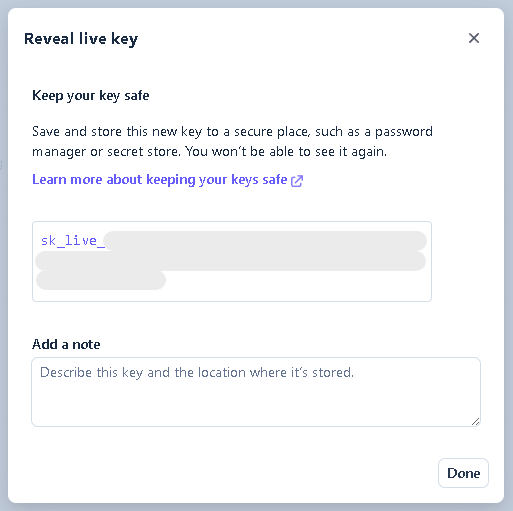 Stripe dialog displaying the live secret key