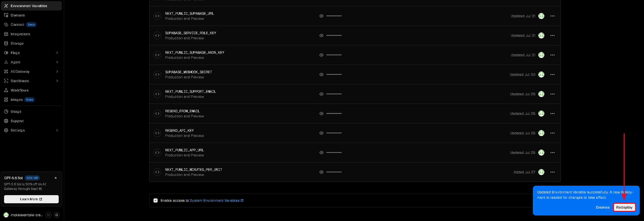 Vercel environment variables page with the redeploy prompt