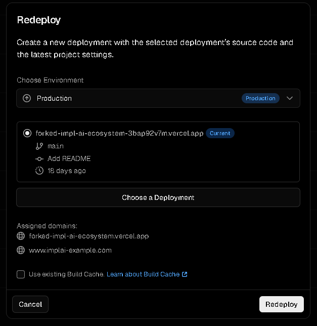 Vercel redeploy confirmation dialog