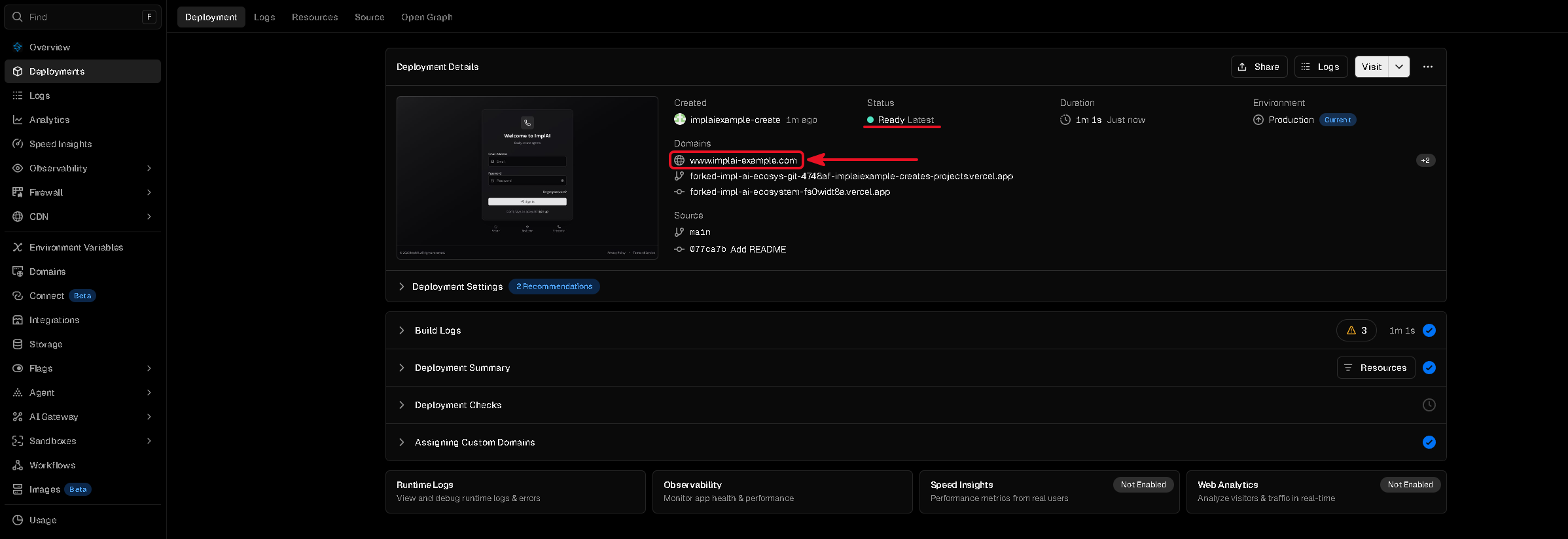 Vercel deployment page showing Ready status and the custom domain
