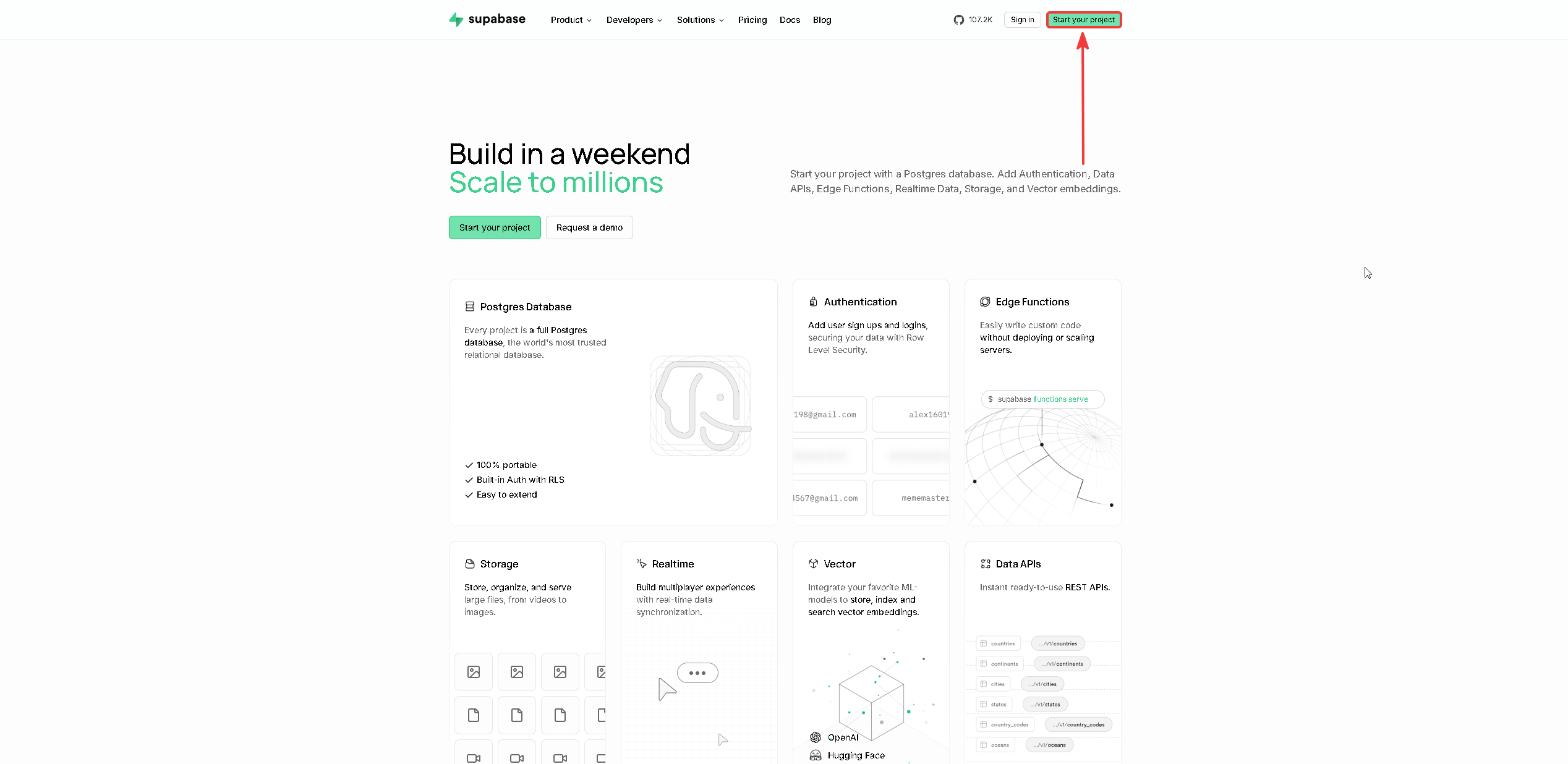 Supabase home page with the Start your project button