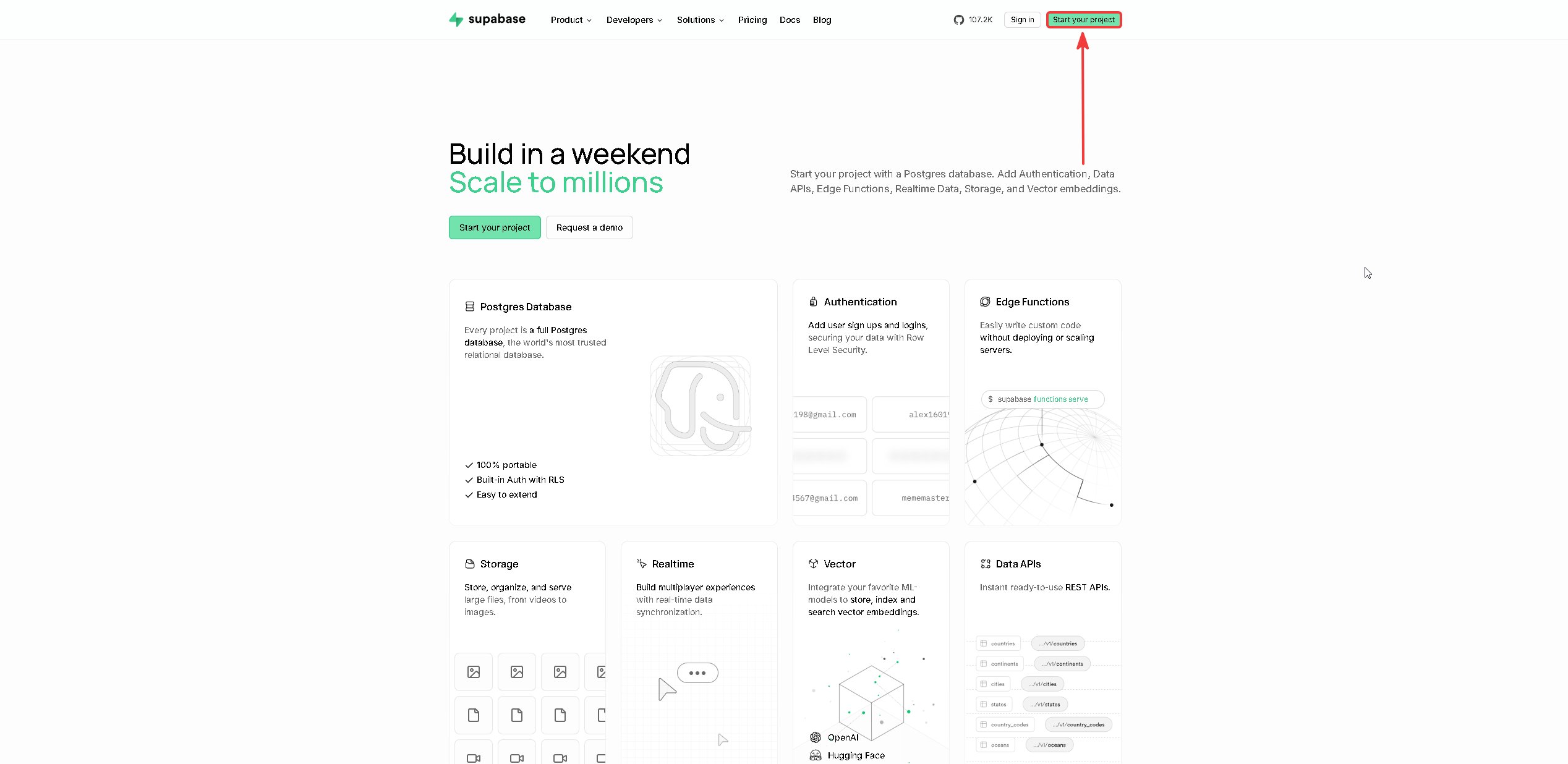 Supabase home page with the Start your project button