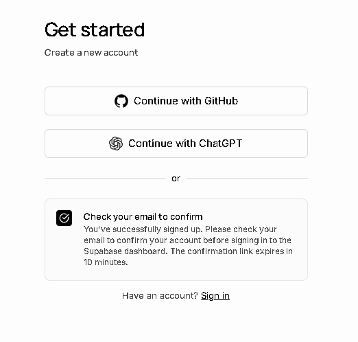 Supabase page confirming the verification email was sent