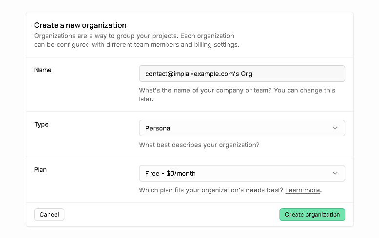 Supabase organisation creation form