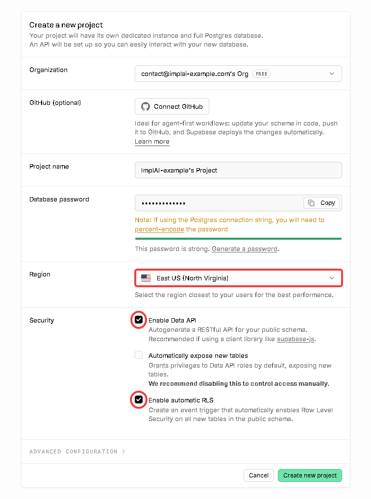 Supabase project creation form with region and security settings