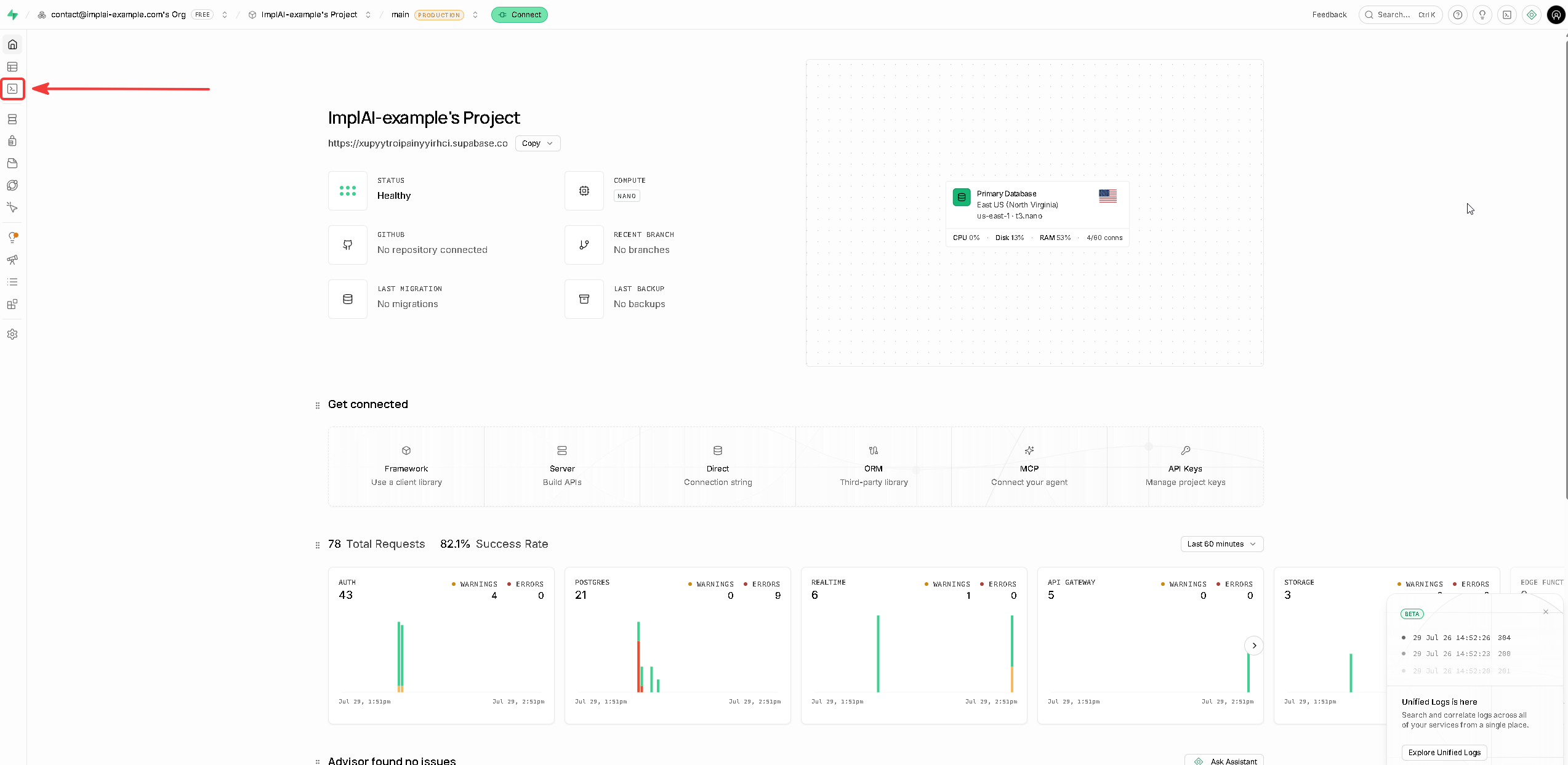 Supabase project page with the SQL Editor sidebar option