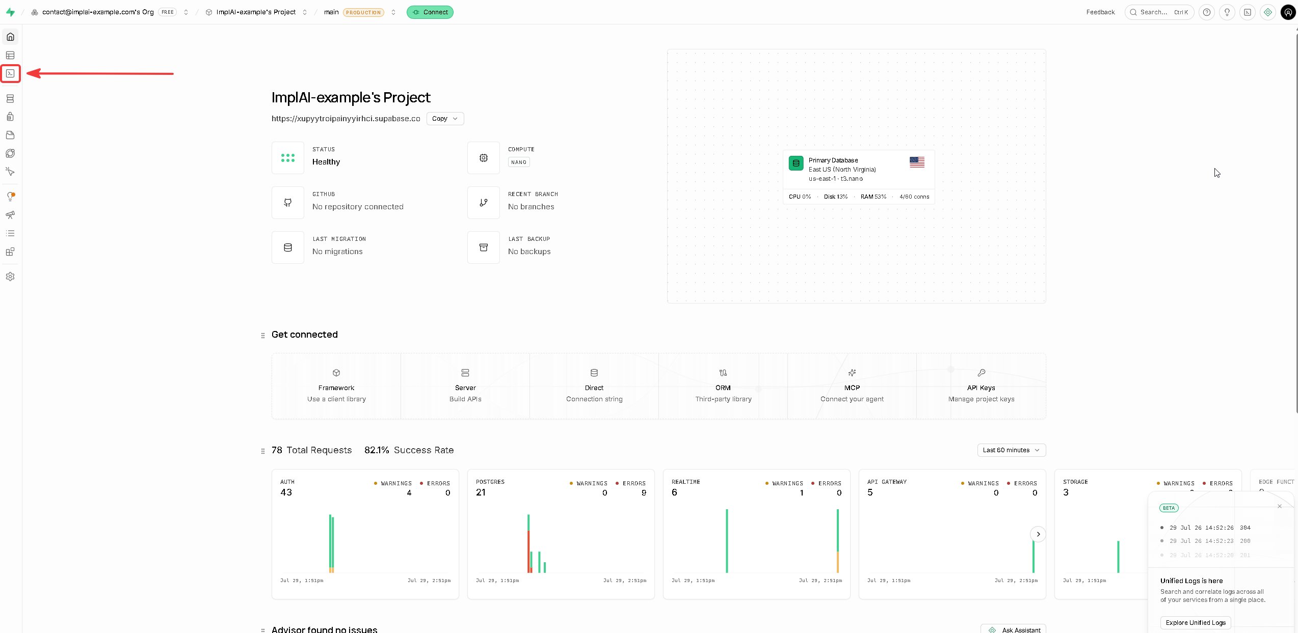 Supabase project page with the SQL Editor sidebar option