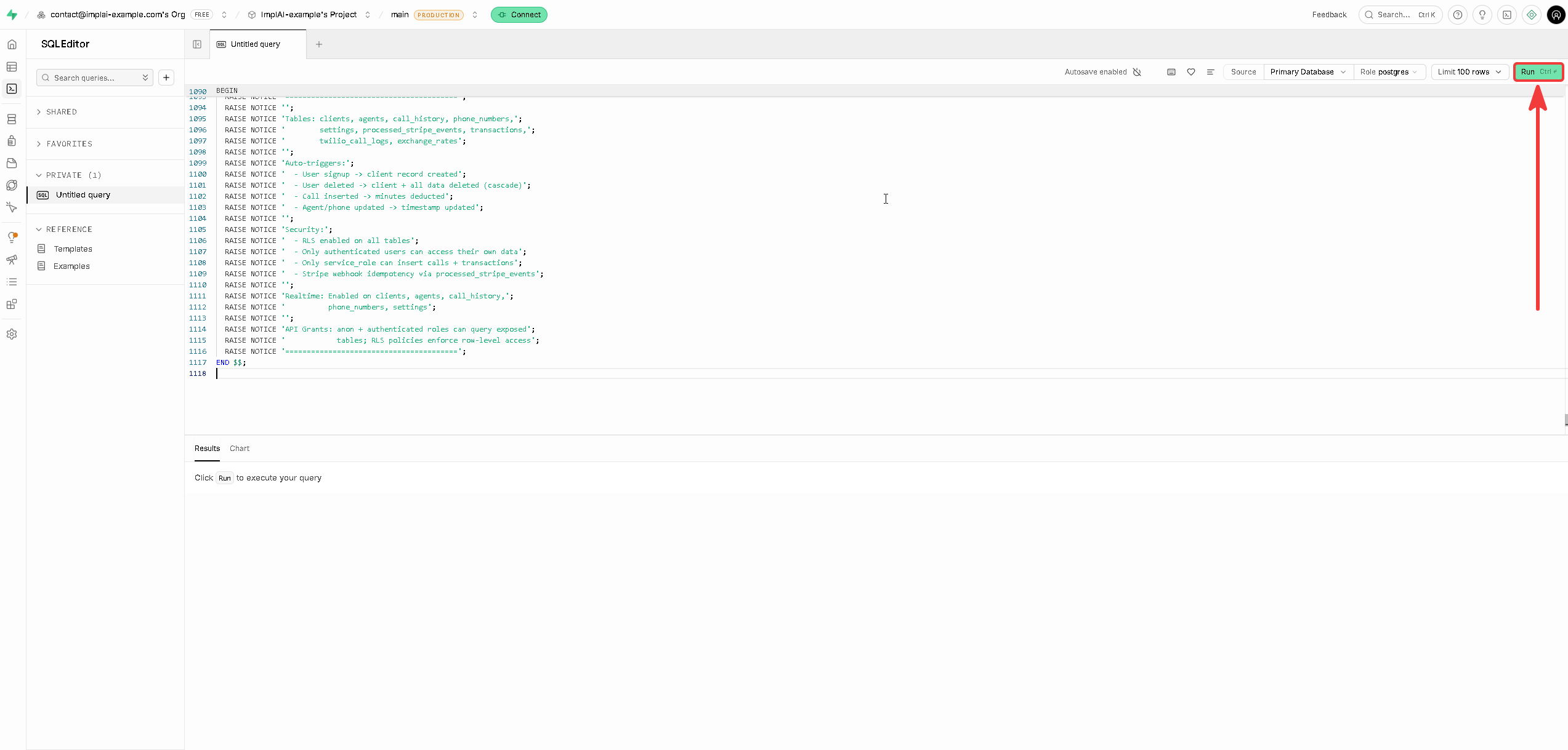 Supabase SQL editor with the schema pasted and the Run button