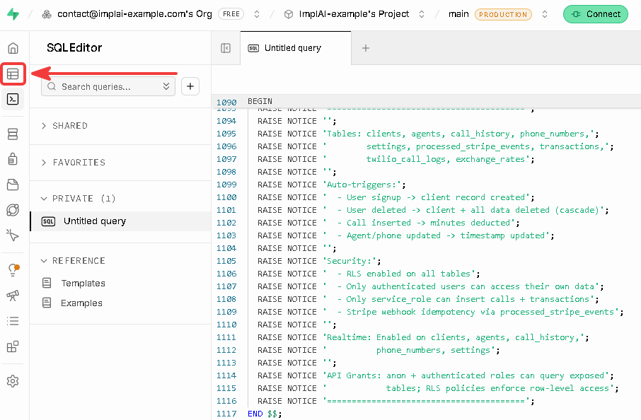 Supabase sidebar with the Table Editor option