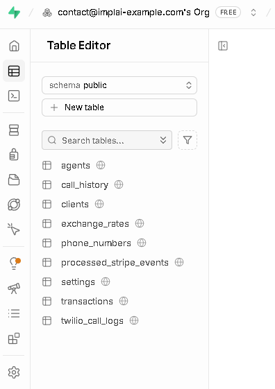Supabase Table Editor listing the nine created tables