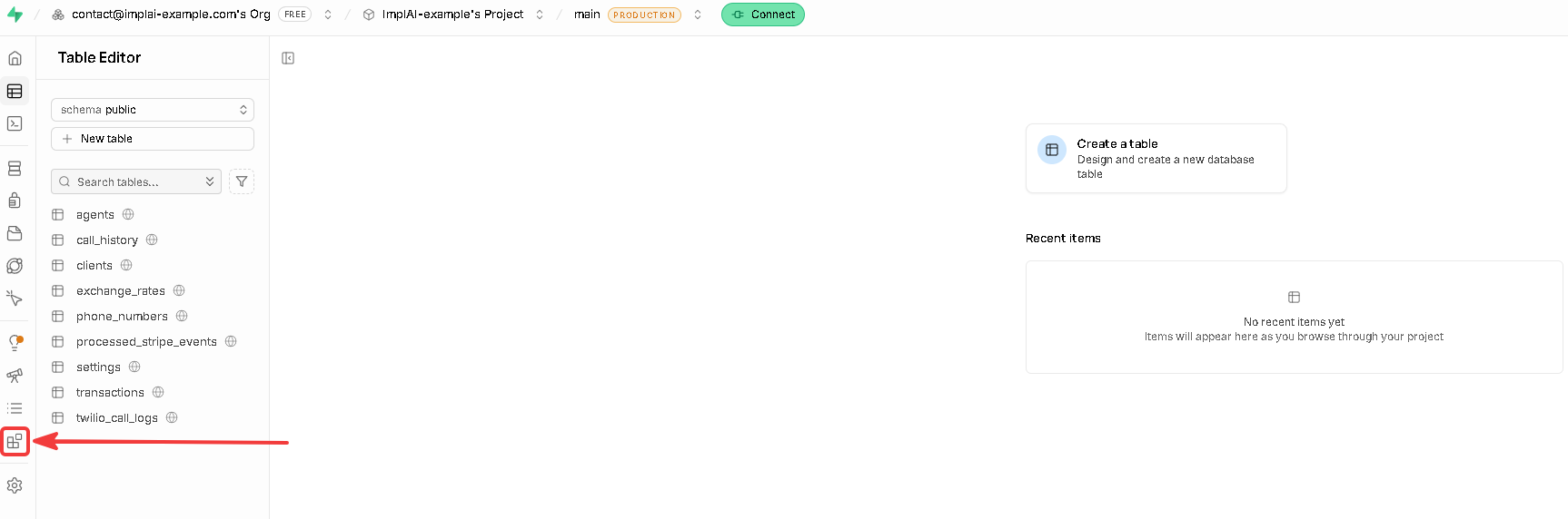 Supabase Integrations sidebar option