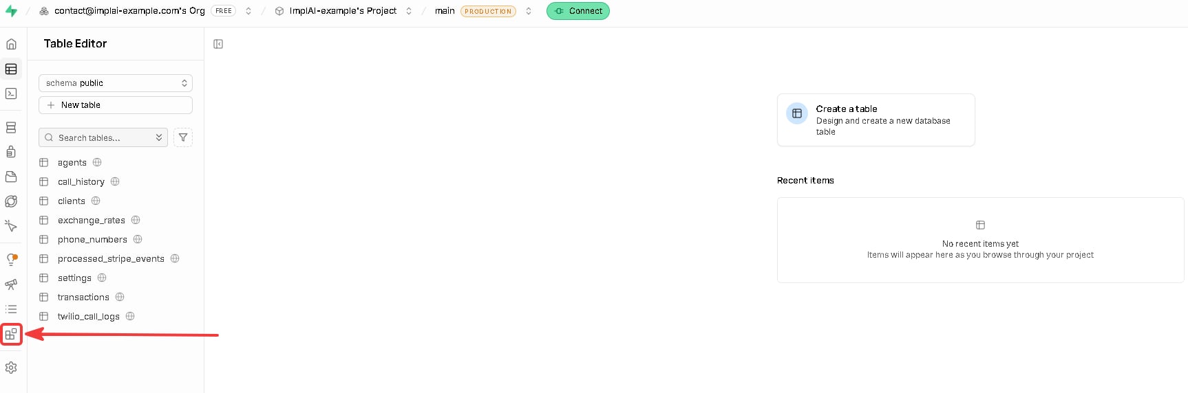 Supabase Integrations sidebar option
