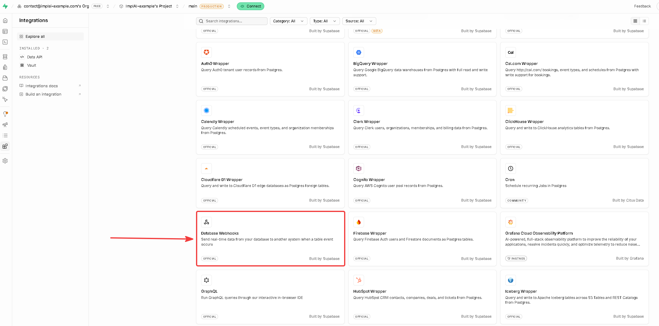 Supabase integrations marketplace with the Database Webhooks card