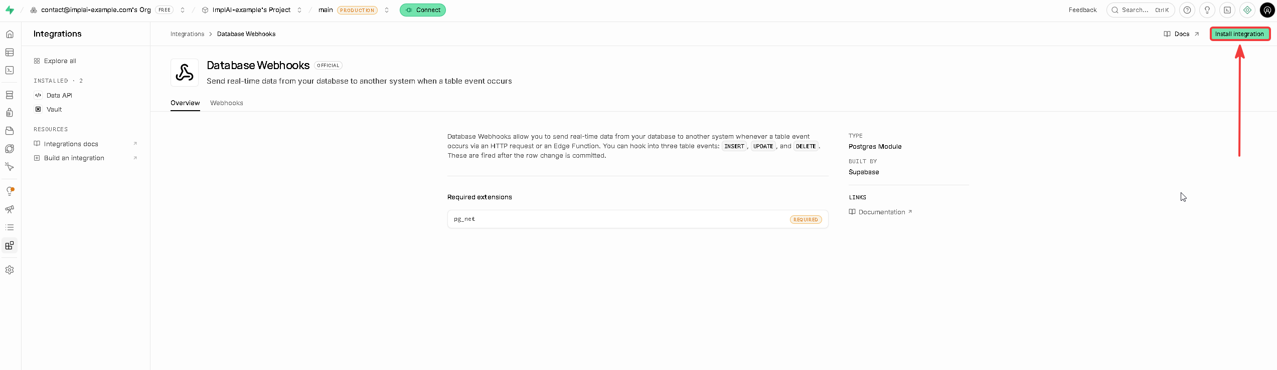 Database Webhooks integration page with the Install integration button