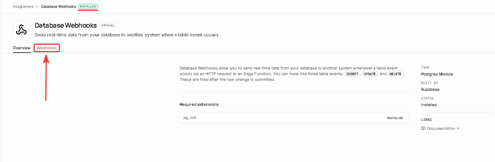 Webhooks tab after installing the integration