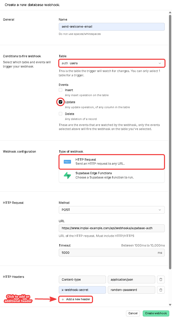 Supabase webhook configuration form