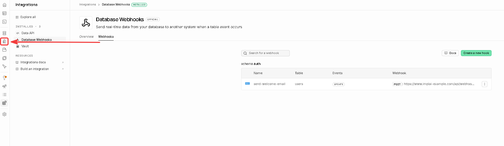 Supabase Authentication sidebar option