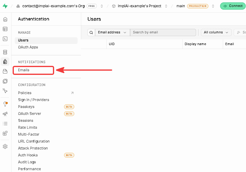 Emails section under Authentication