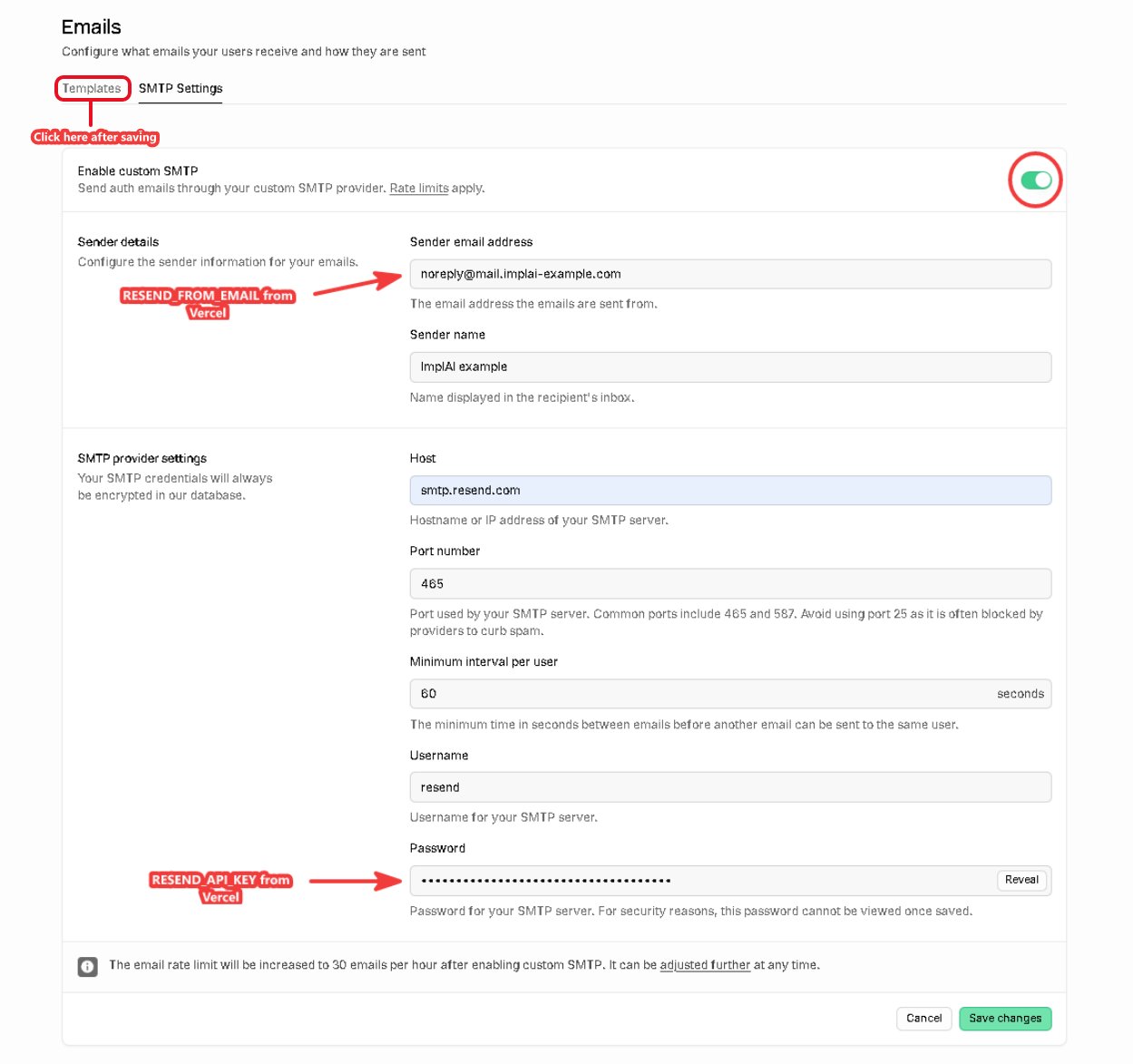 Supabase custom SMTP configuration form filled in, with the Templates tab marked as the next step