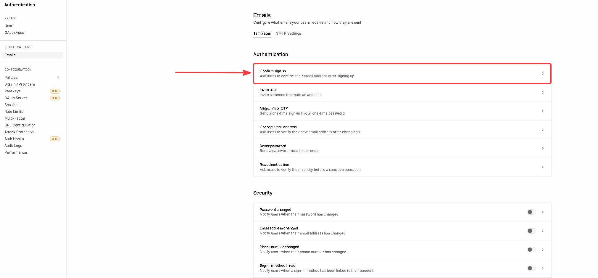 Confirm sign up template in the Supabase templates list