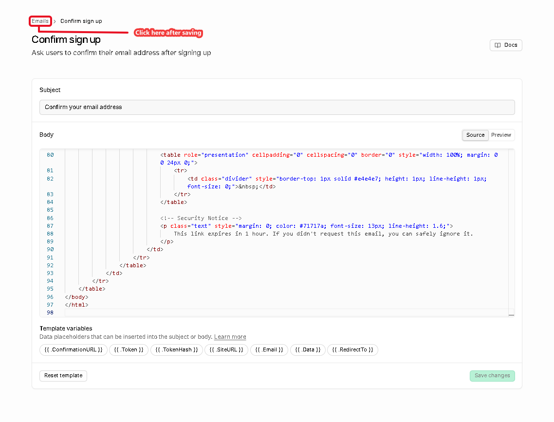 Supabase template editor with the confirm signup HTML pasted