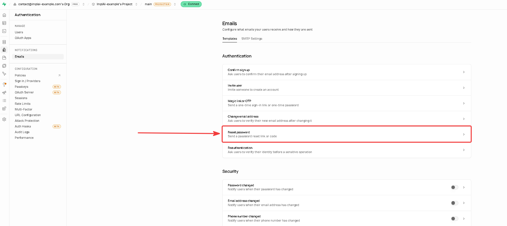 Reset password template in the Supabase templates list