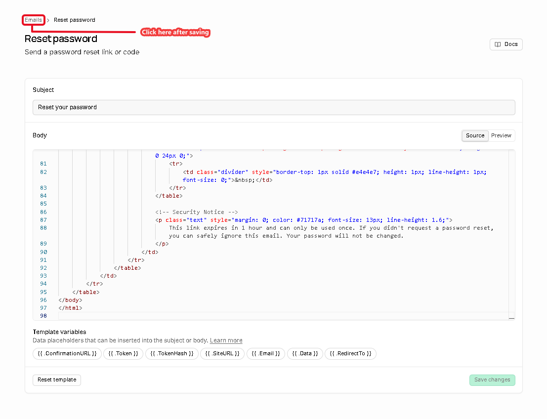 Supabase template editor with the reset password HTML pasted