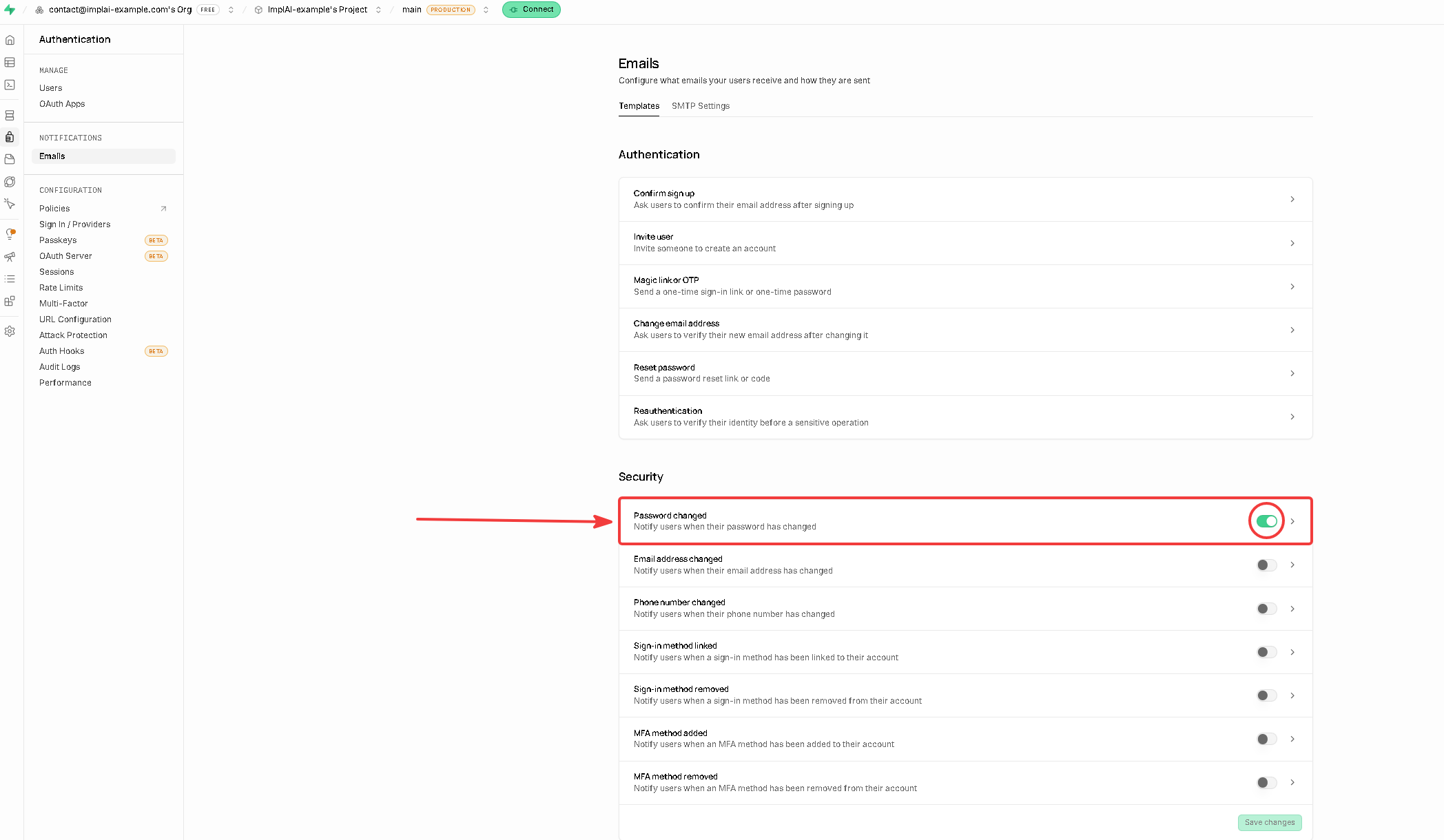 Password changed template with its enable toggle