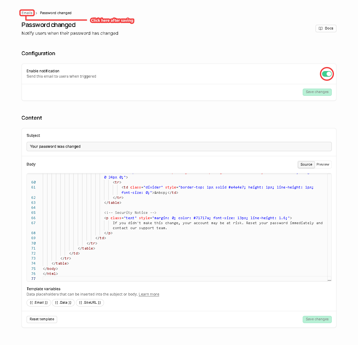 Supabase template editor with the password changed HTML pasted