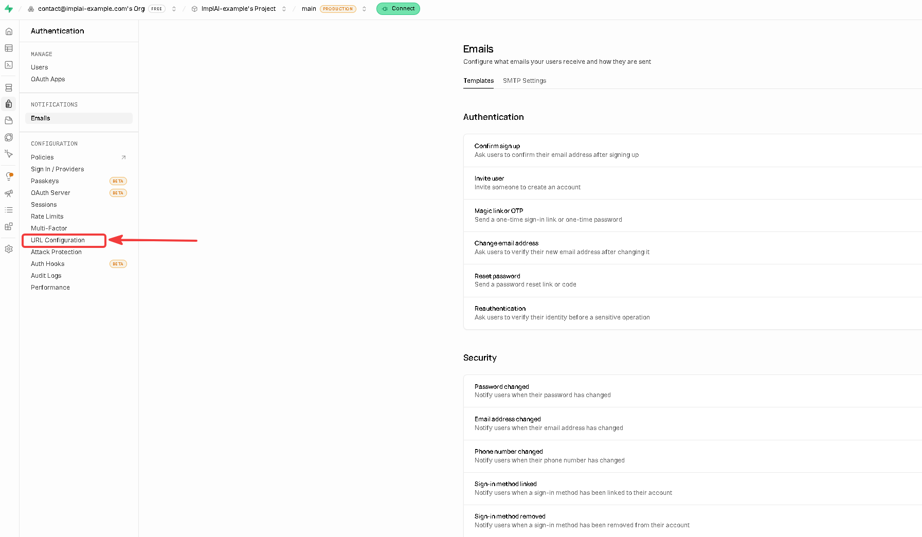 URL Configuration option in the Authentication sidebar