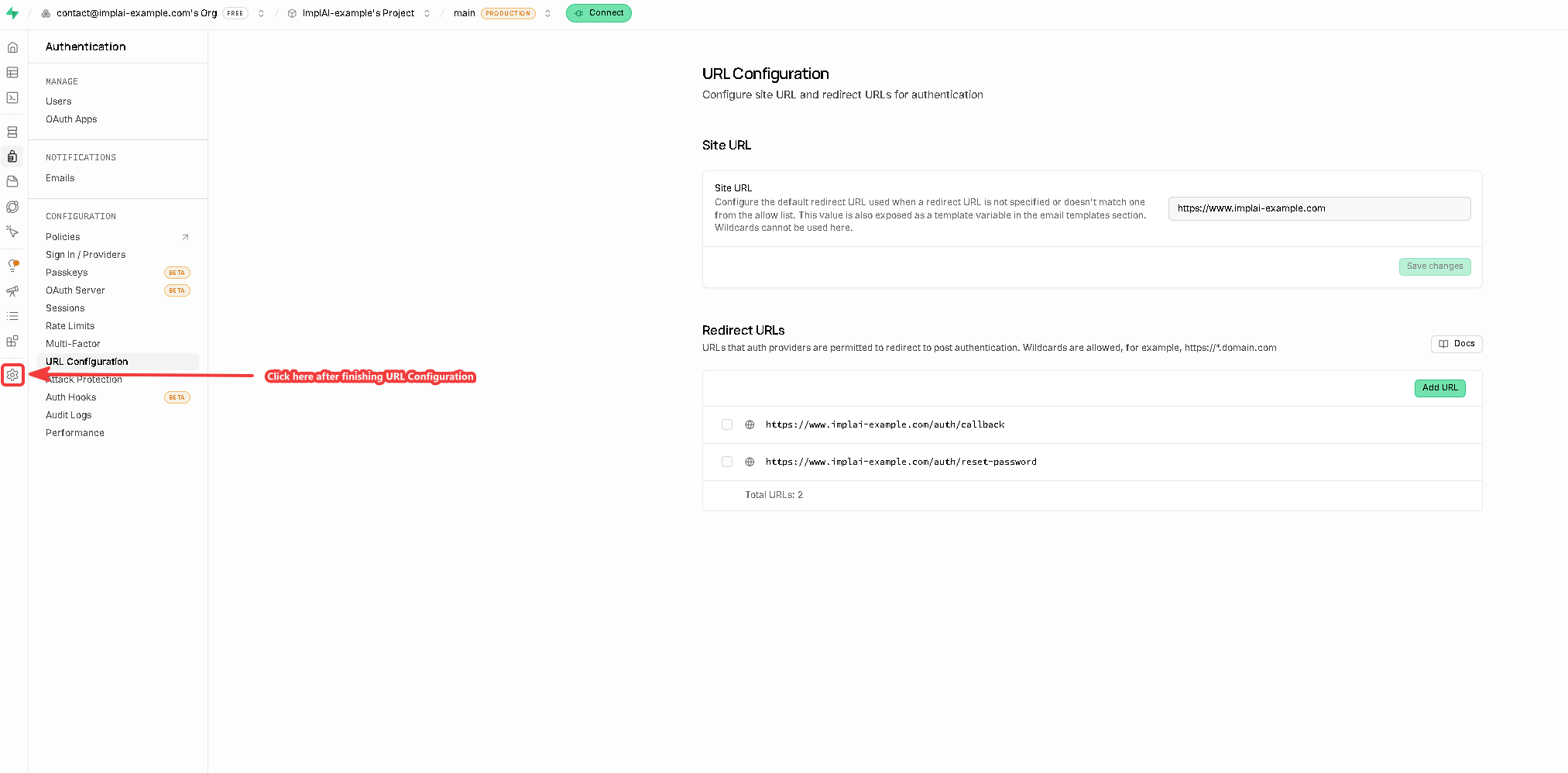Supabase URL Configuration page with the site URL and redirect URLs set