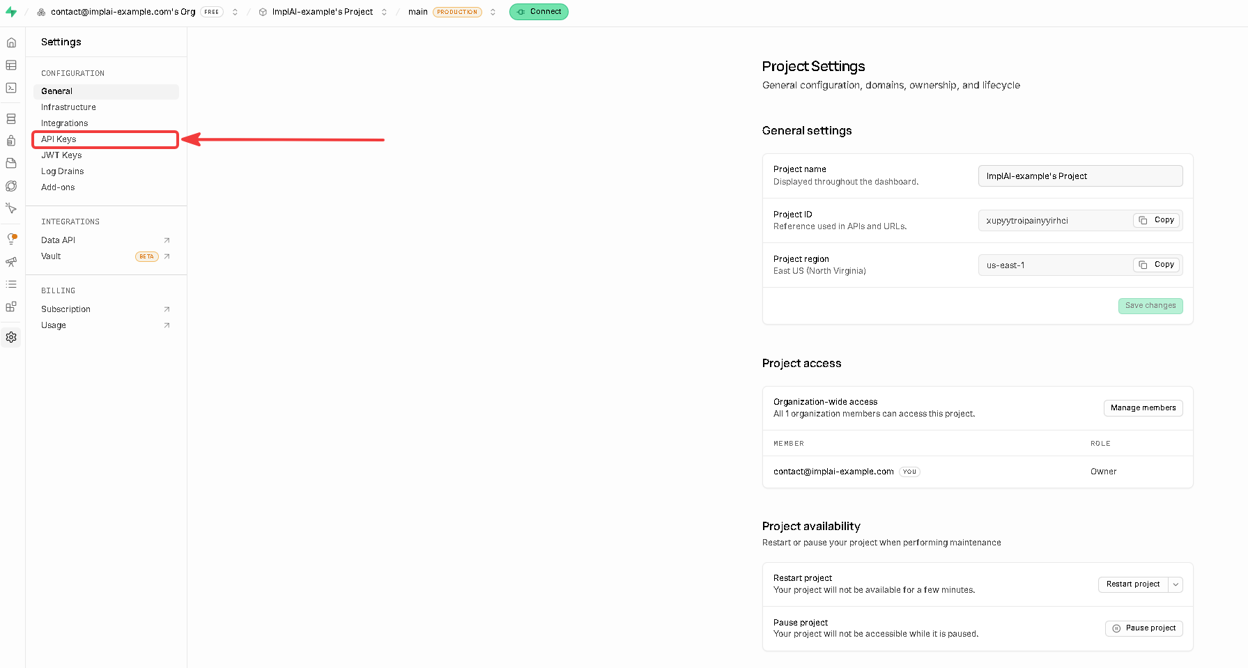 API Keys option in Supabase project settings