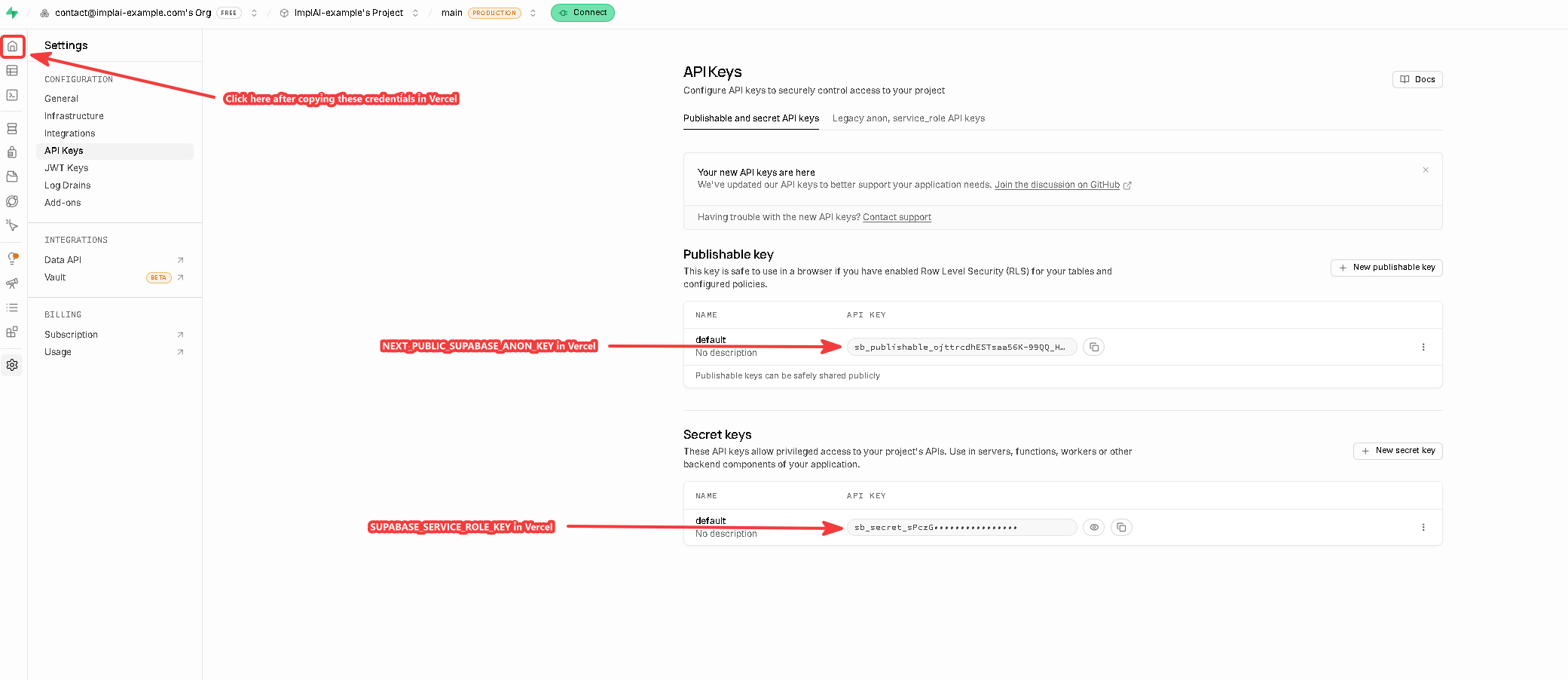 Supabase API keys page showing the publishable and secret keys, with the home icon marked as the next step