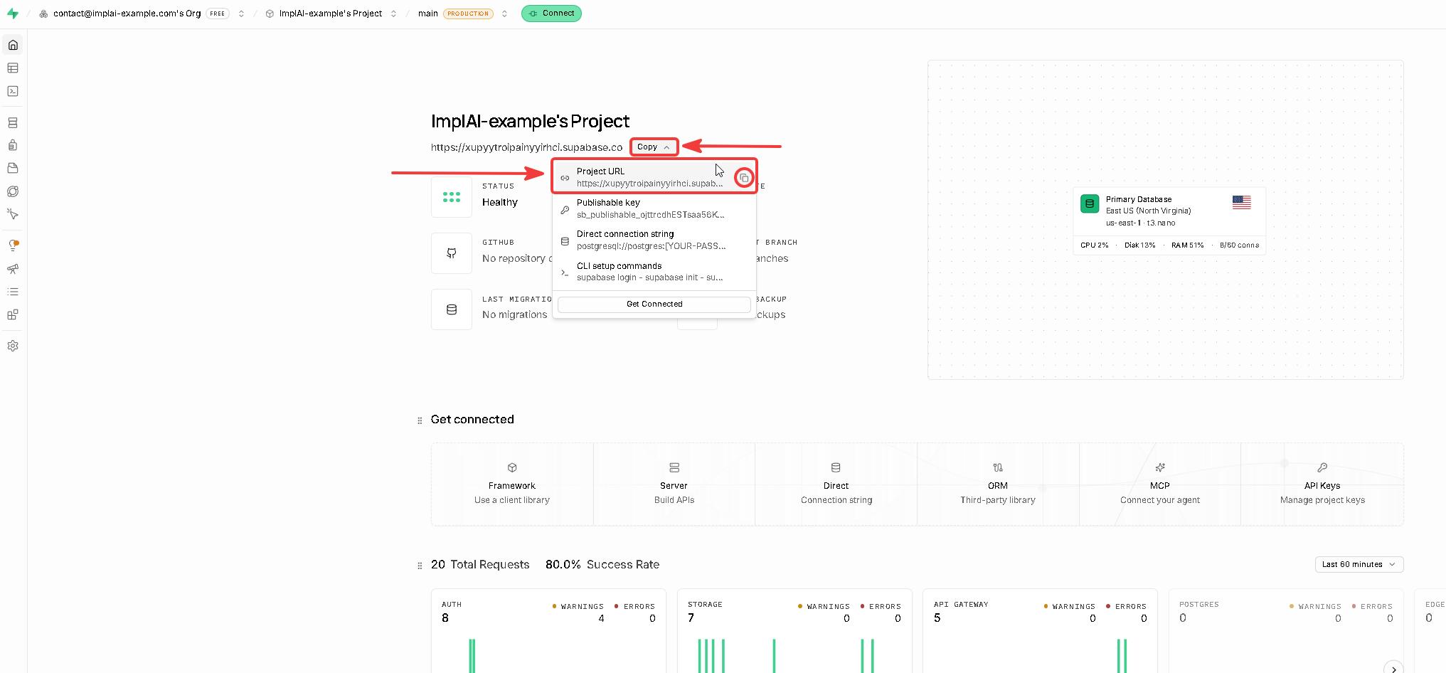 Supabase project overview page with the project URL and copy button