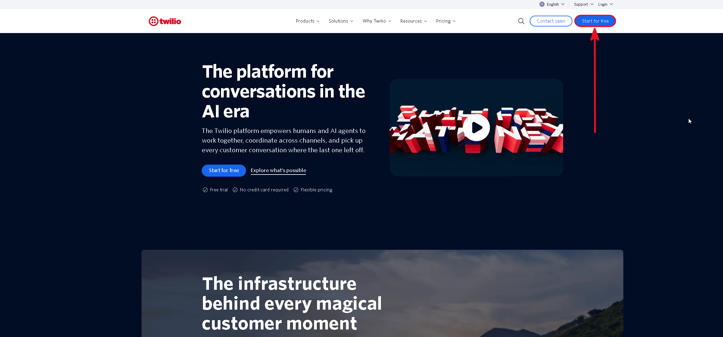 Twilio home page with the Start For Free button