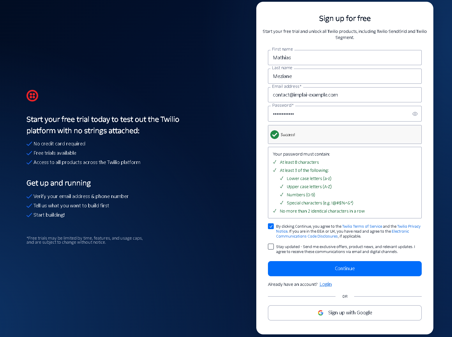 Twilio signup form with the password requirements met