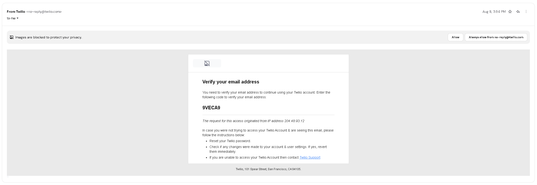 Twilio verification email containing the code