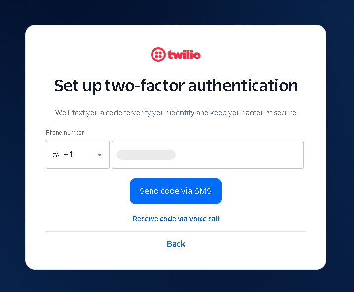 Twilio two-factor authentication setup with a phone number field