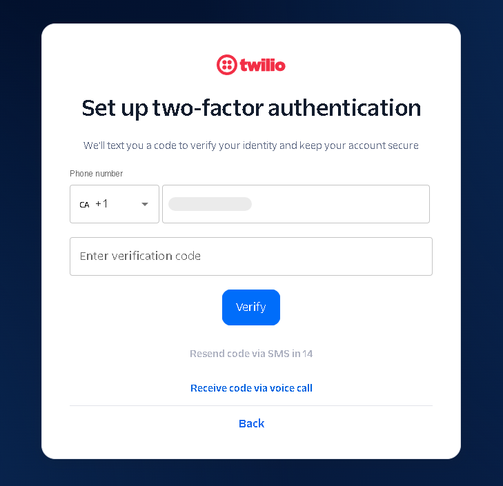 Twilio verification code field with the Verify button